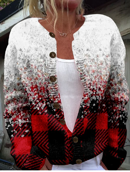 Crew Neck Gradient Pattern Casual Cardigan