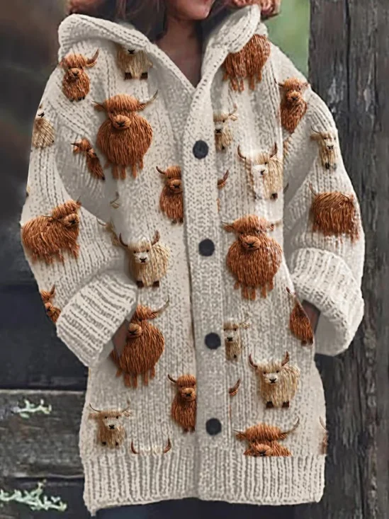 Highland Cow Print Casual Cardigan