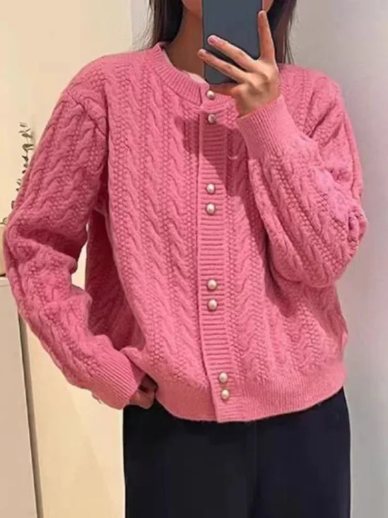 Loose Casual Balloon Sleeve Plain Wool/Knitting Cardigan With No