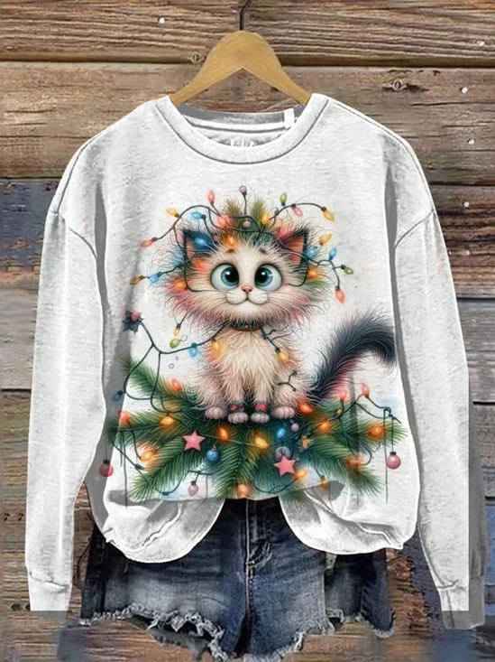 Christmas Cat Art Print Casaul Sweatshirt