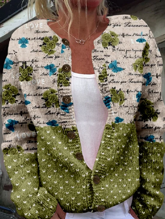 Multicolor Block Knitted Casual Crew Neck Cardigan