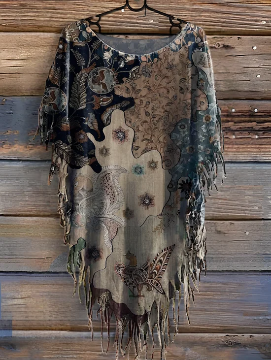 Women's Retro Floral Print Punk Hippie Batwing Tussle Fringes Poncho T-Shirt