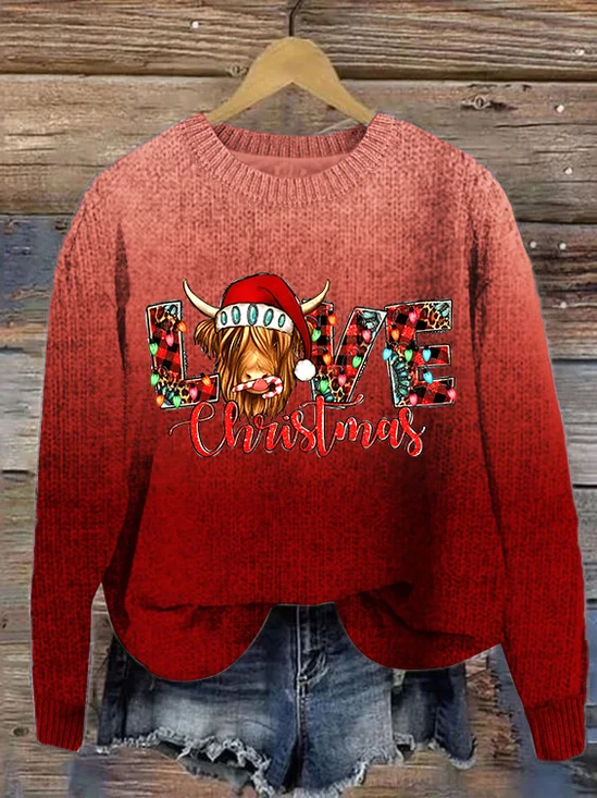Women's Christmas Highland Cow Print Knitted Crew Neck Sweater