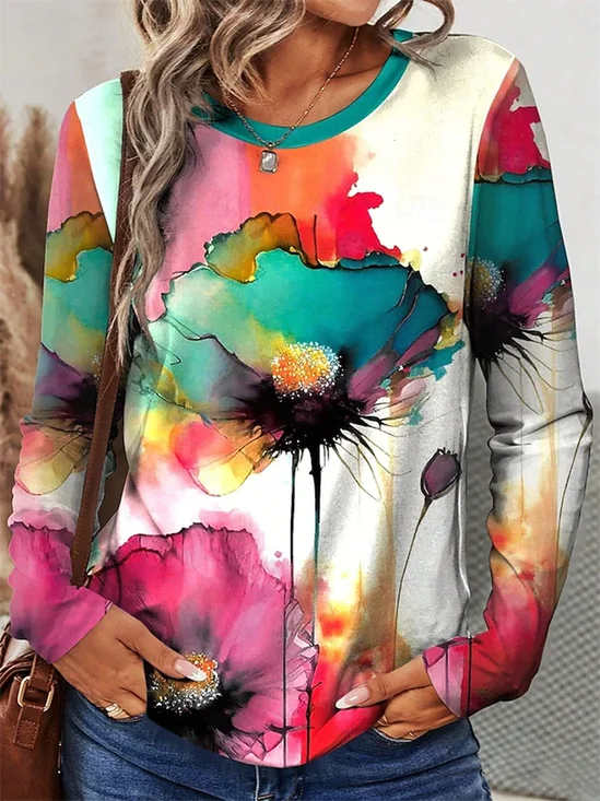 Women's Long Sleeve T-shirt Spring/Fall Multicolor Floral Printing Jersey Crew Neck Daily Going Out Casual Top
