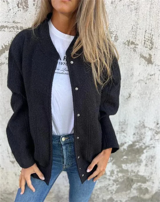 Loose Plain Crew Neck Casual Jacket