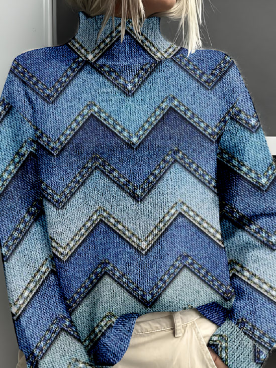 Denim Print Graphic Mock Neck Casual Sweatshirt