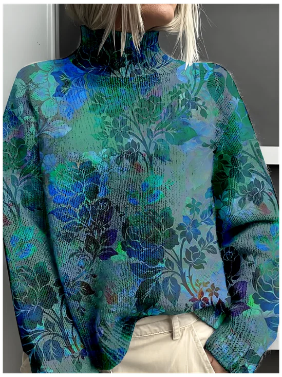 Vintage 3D Printing Loose Mock Neck Sweatshirt