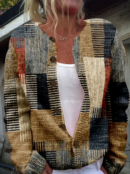 Plaid Crew Neck Casual Loose Jacket