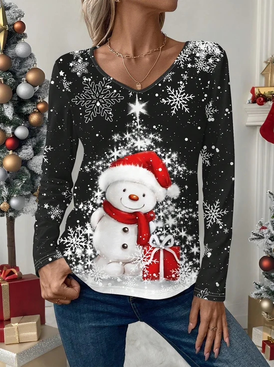 Christmas Print V-neck Long-Sleeved T-shirt