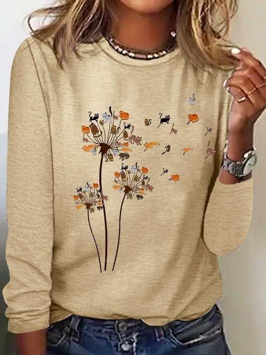 Cats Flower Fly Dandelion Casual Long Sleeve Shirt