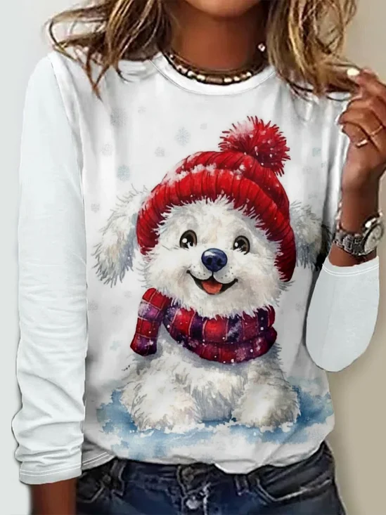 Dog Christmas Crew Neck Regular Fit Casual Dog Blouse