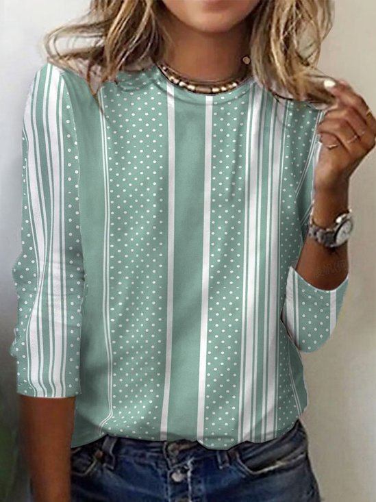 Striped Polka Dot Print Crew Neck Long-Sleeves T-shirt