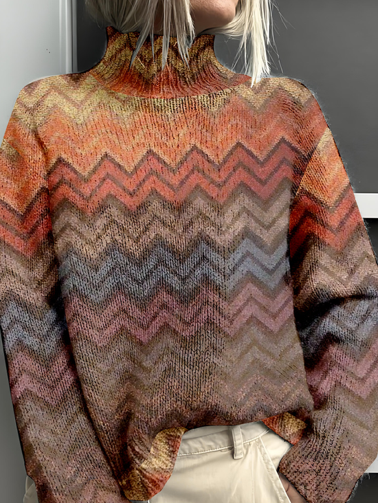 Loose Vintage Mock Neck Striped Sweatshirt