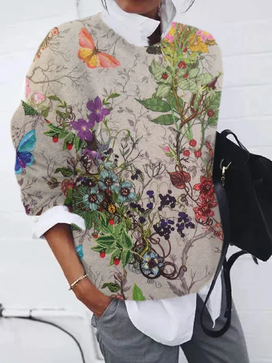 Zipper Loose Casual Floral Sweatshirt