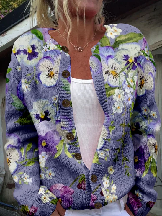 Crew Neck Boho 3D Printing Loose Cardigan