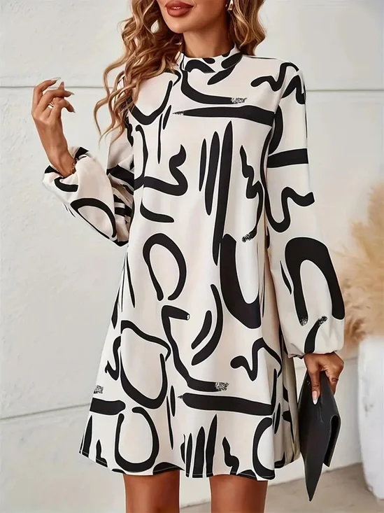 Women's Long Sleeve Spring/Fall Yellow Abstract Daily Going Out Casual Midi A-Line Dress