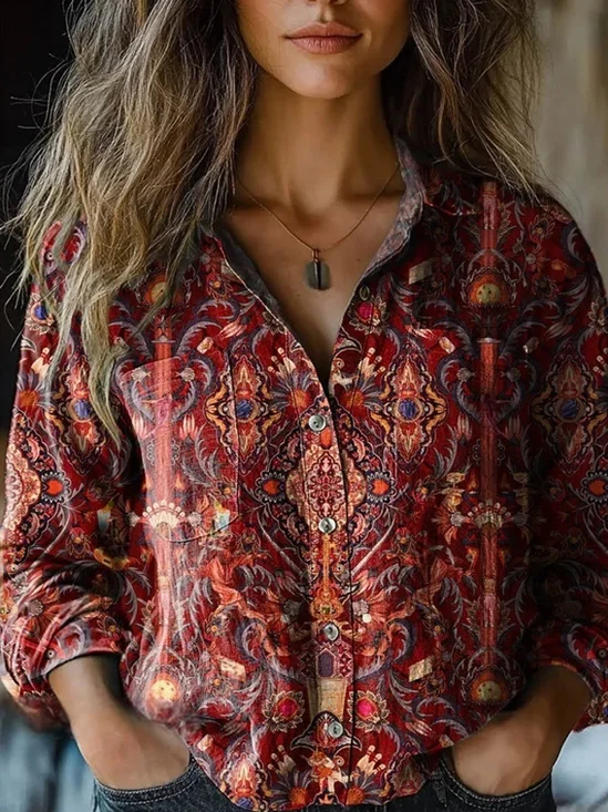Ethnic Loose Shawl Collar Shirt