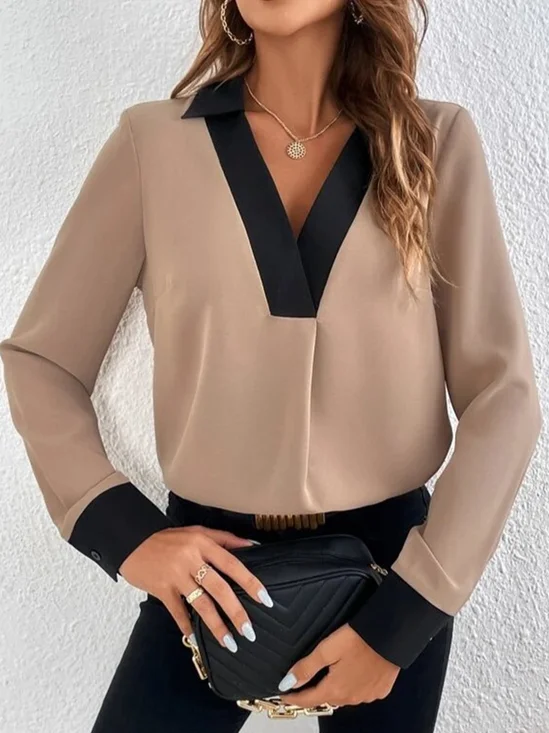 Contrast Stitching Regular Fit V Neck Casual Shirt