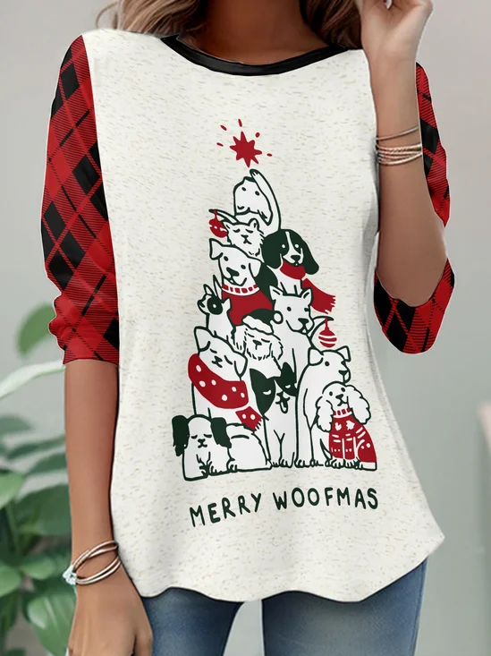 Women's Long Sleeve T-shirt Spring/Fall Red Plaid Jersey Crew Neck Daily Going Out Casual Top