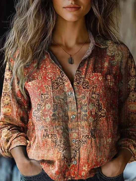 3D Printing Ethnic Loose Shawl Collar Shirt