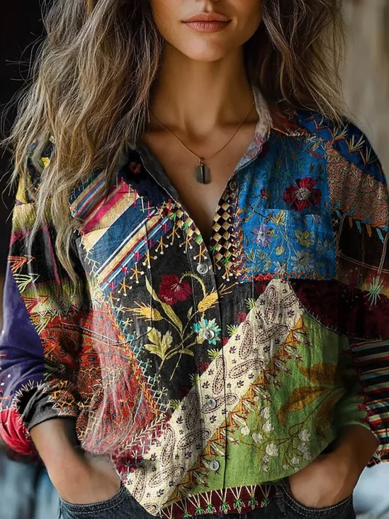 Ethnic Shawl Collar Loose 3D Printing Shirt