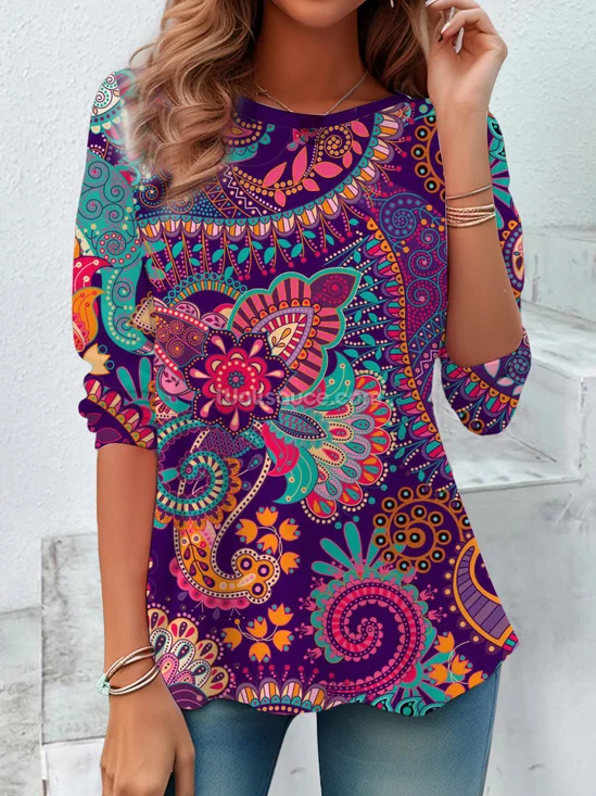 Ethnic Graphic Print Long-Sleeved Crew Neck T-shirt