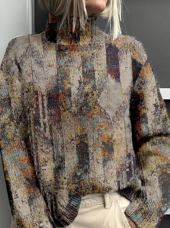Mock Neck Random Print Ethnic Loose Sweatshirt