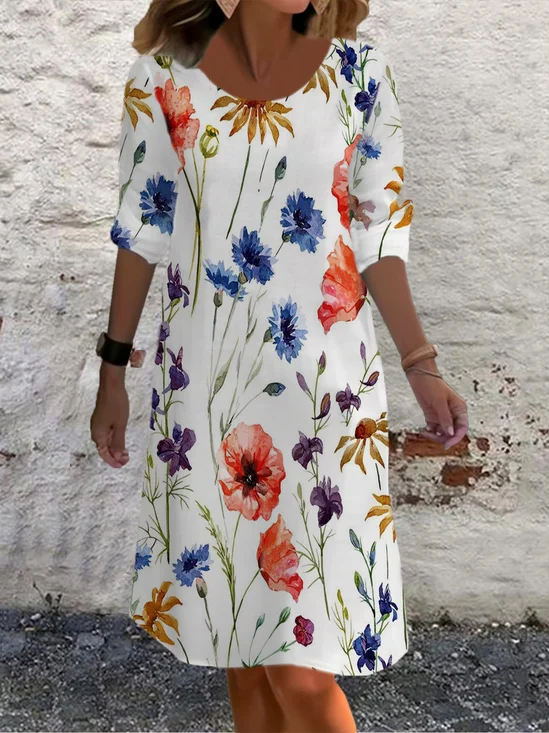 Floral Print Casual Round Neck Long Sleeve Dress