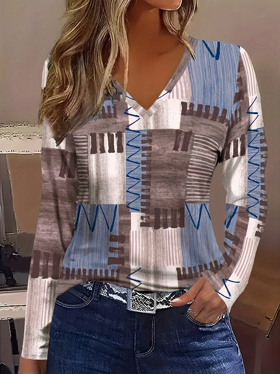 Loose Multicolor Block Casual V Neck T-Shirt