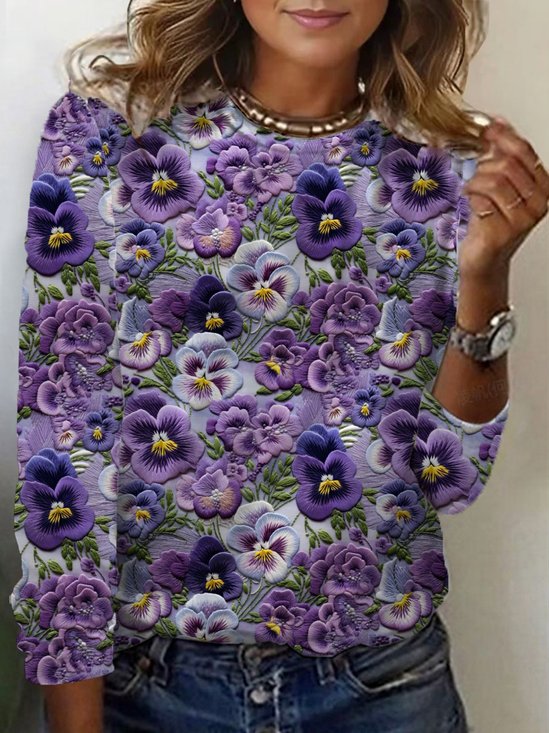 Floral Print Long Sleeve Crew Neck T-shirt