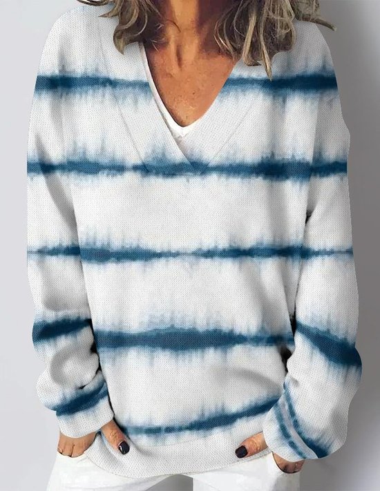 Vintage V Neck Loose Striped Sweatshirt