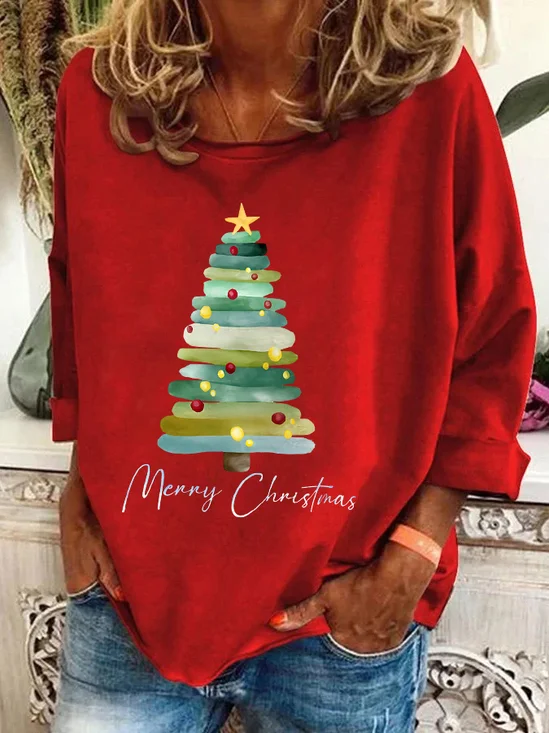 Merry Christmas Tree Print Casual Sweatshirt