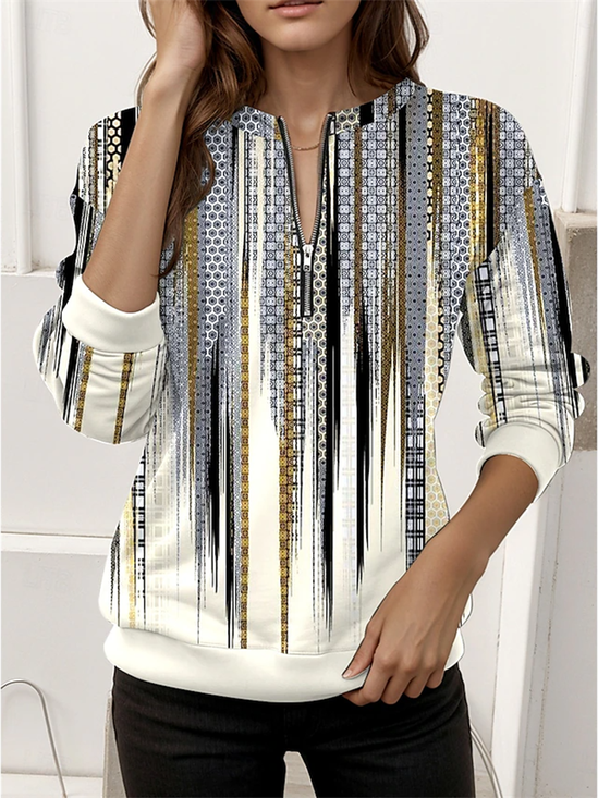 Abstract Printed Casual Long-Sleeved Half-Open Collar Sweatshirt