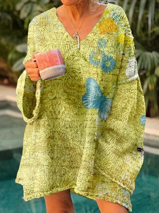 V Neck Vintage 3D Printing Loose Sweater