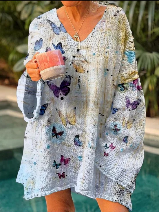 V Neck Butterfly Loose Boho Sweater
