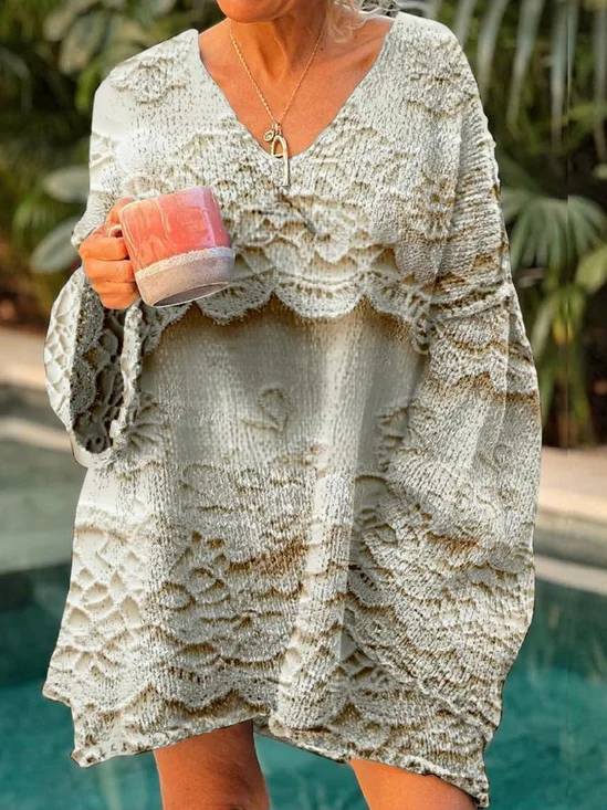 Vintage V Neck Loose 3D Printing Sweater