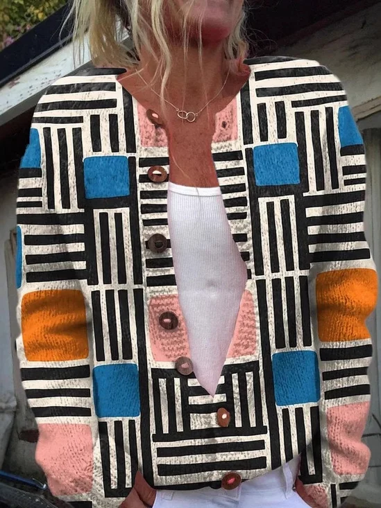 Casual Loose Geometric Crew Neck Jacket