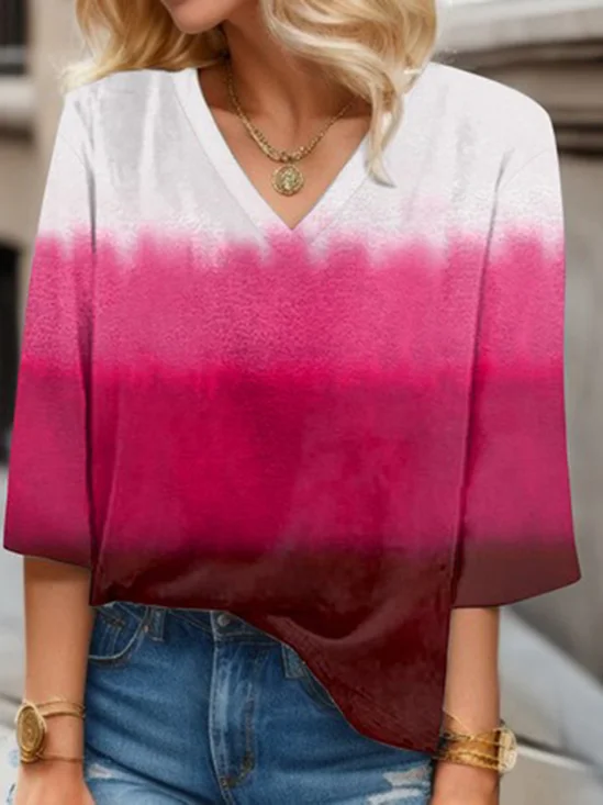 Ombre Print Long-sleeved V-neck Blouse