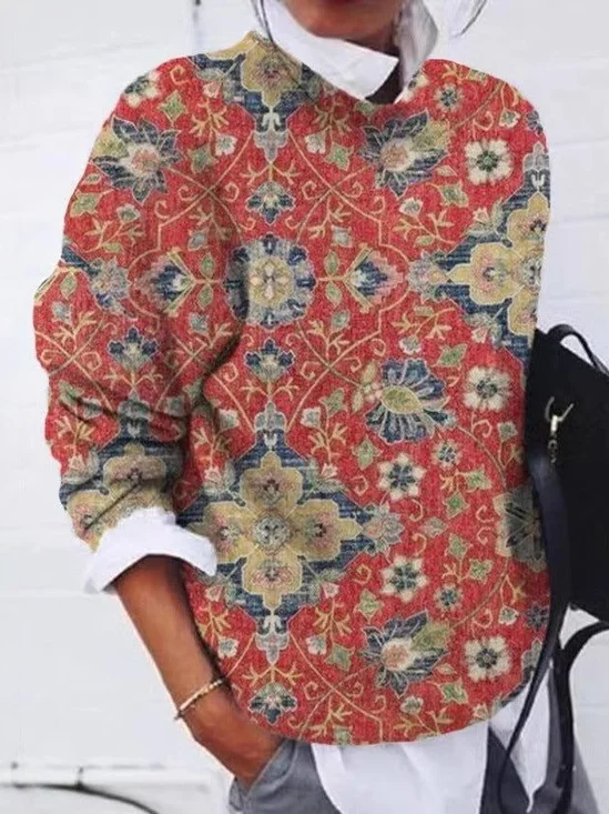 Casual Crew Neck Zipper Floral Sweatshirt