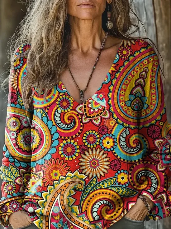 Women's Vintage Lovely Floral Art Print Loose 3D Printing V Neck T-Shirt