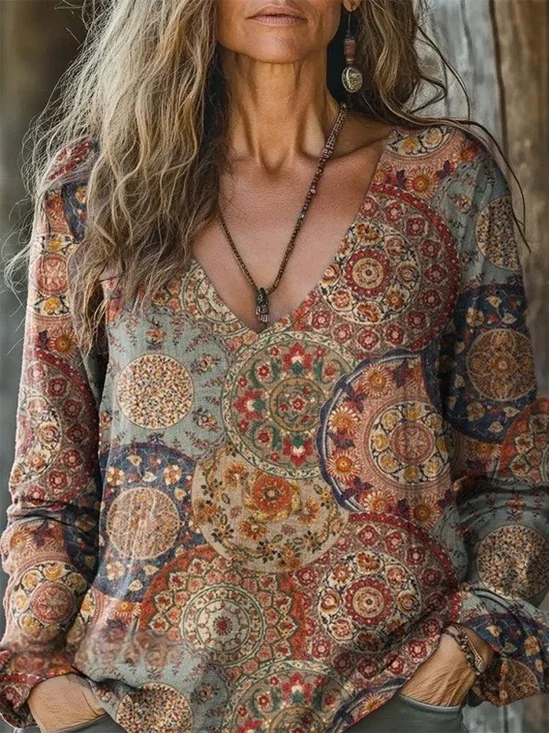 Vintage Lovely Floral Art Print Casual Long Sleeve Comfortable Cotton T-Shirt