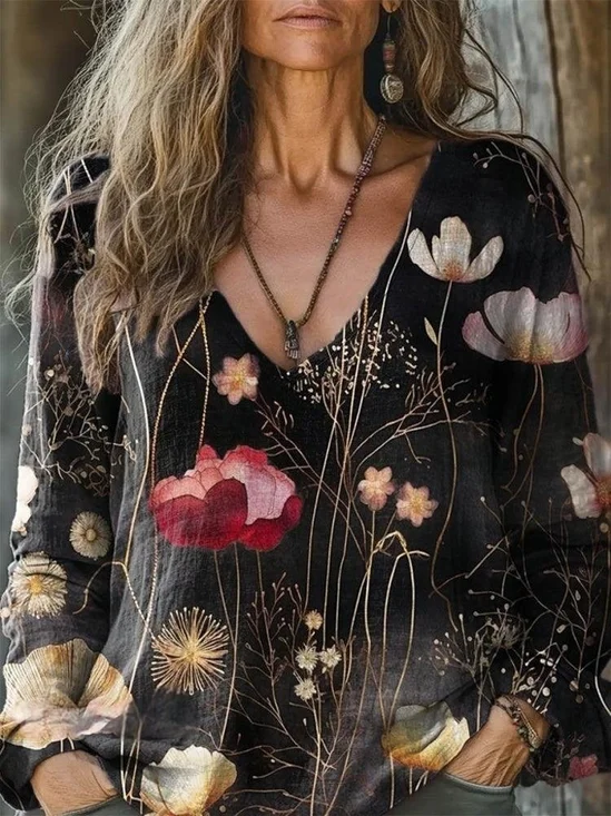 Women's Vintage Lovely Floral Art Print Casual Long Sleeve T-Shirt