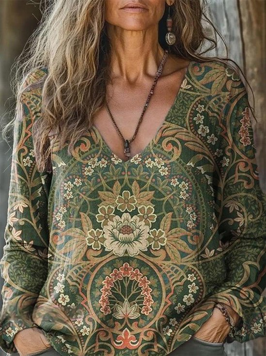 Women's Vintage Floral Art Print Casual Long Sleeve Comfortable Cotton Shirt