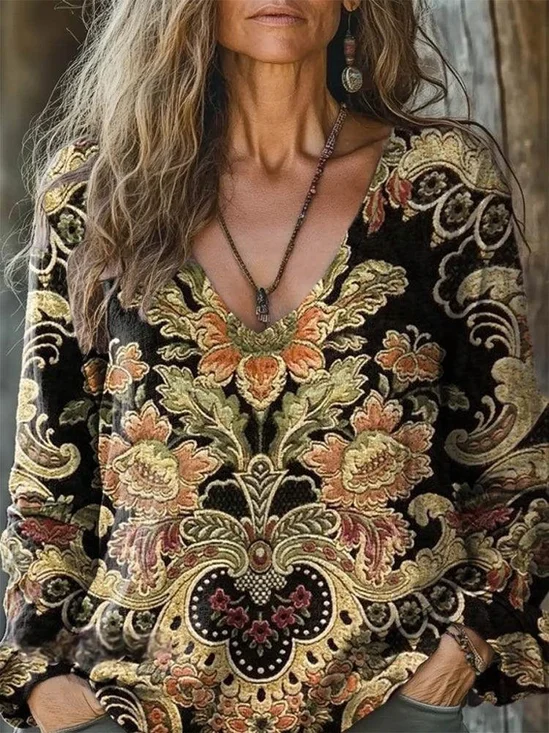 Women's Vintage Lovely Floral Art Print Casual Long Sleeve Comfortable Cotton Shirt