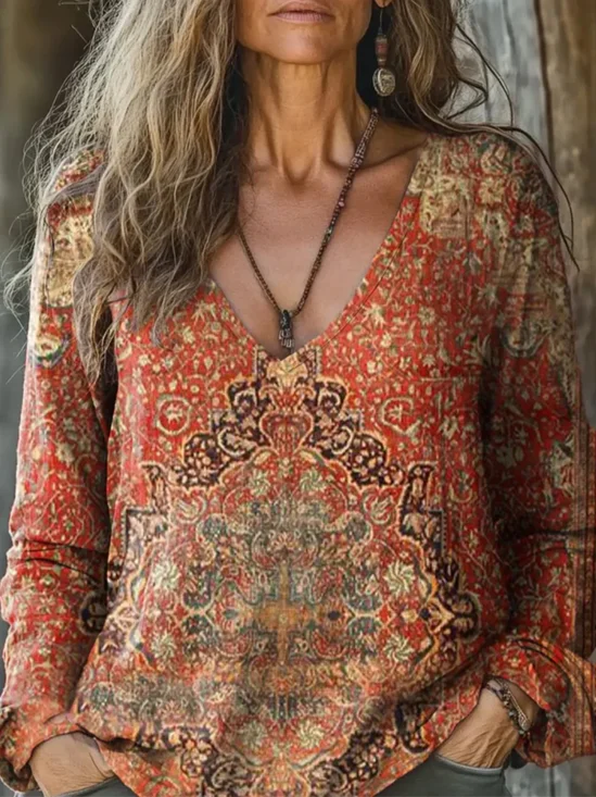 Women's Vintage Lovely Floral Art Print Casual Long Sleeve Comfortable Cotton Shirt