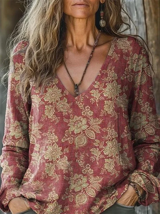 Women's Vintage Floral Art Print Long Sleeve Comfortable Cotton Casual Loose Ethnic T-Shirt