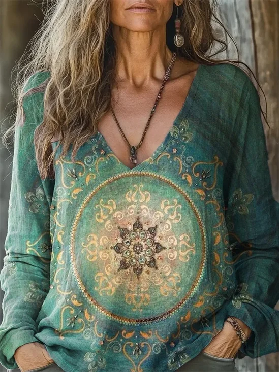 Women's Lovely Floral Art Print Vintage Loose V Neck 3D Printing T-Shirt