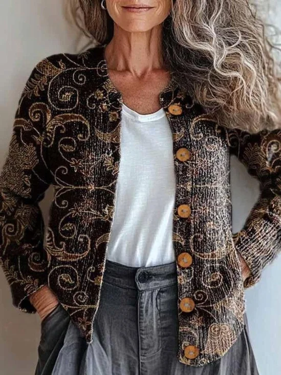 Ethnic Knitted Ethnic Crew Neck Cardigan
