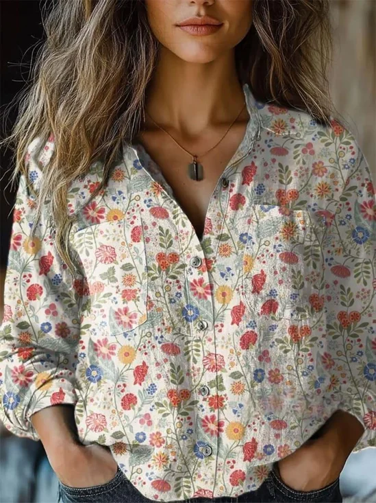 Floral Art Print Long Sleeve Comfortable Loose Vintage Shirt