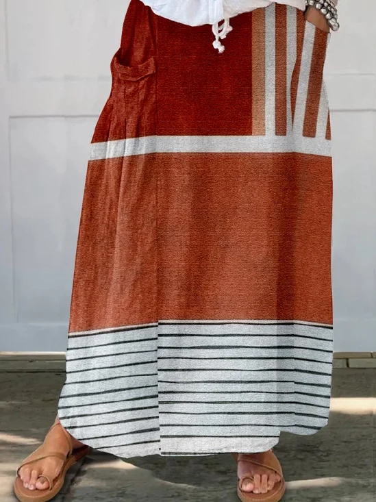 Loose Linen Vintage Multicolor Block Skirt